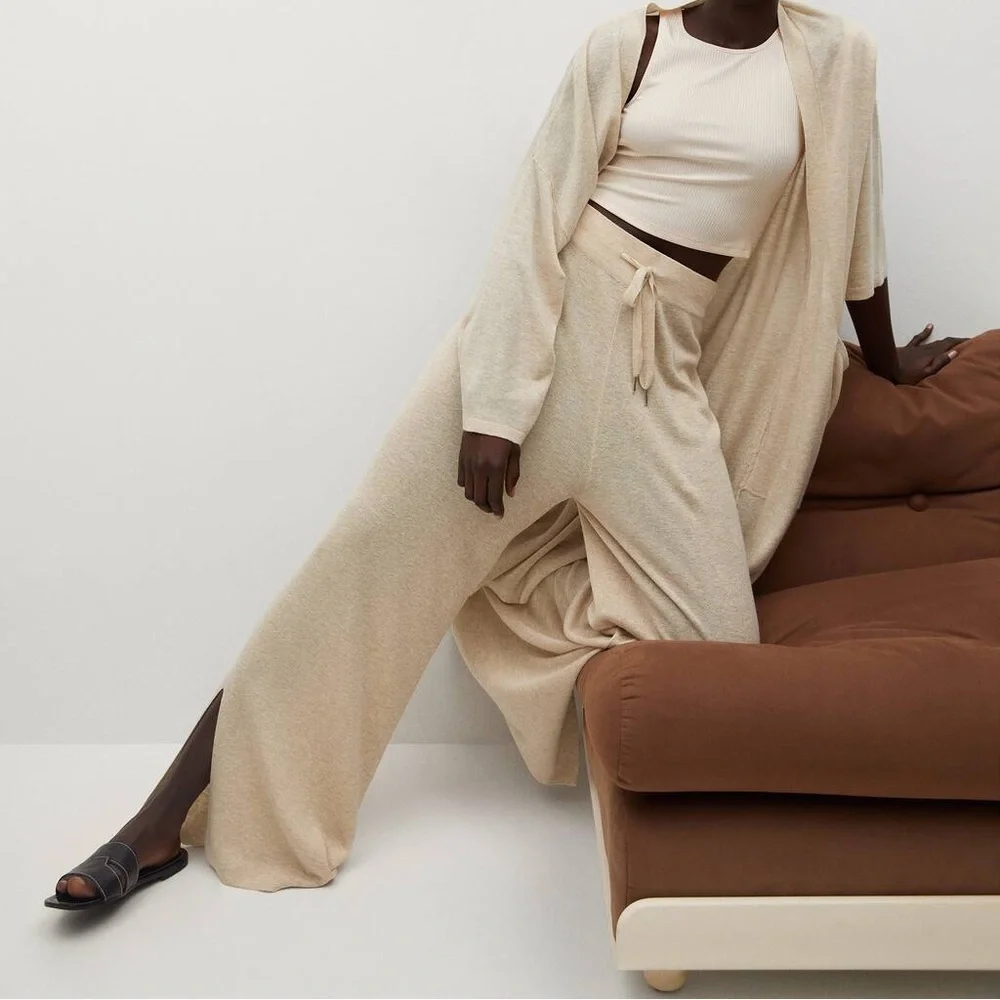 MANGO Knitted Linen Blend Slit‎ Hem Drawstring Pants
